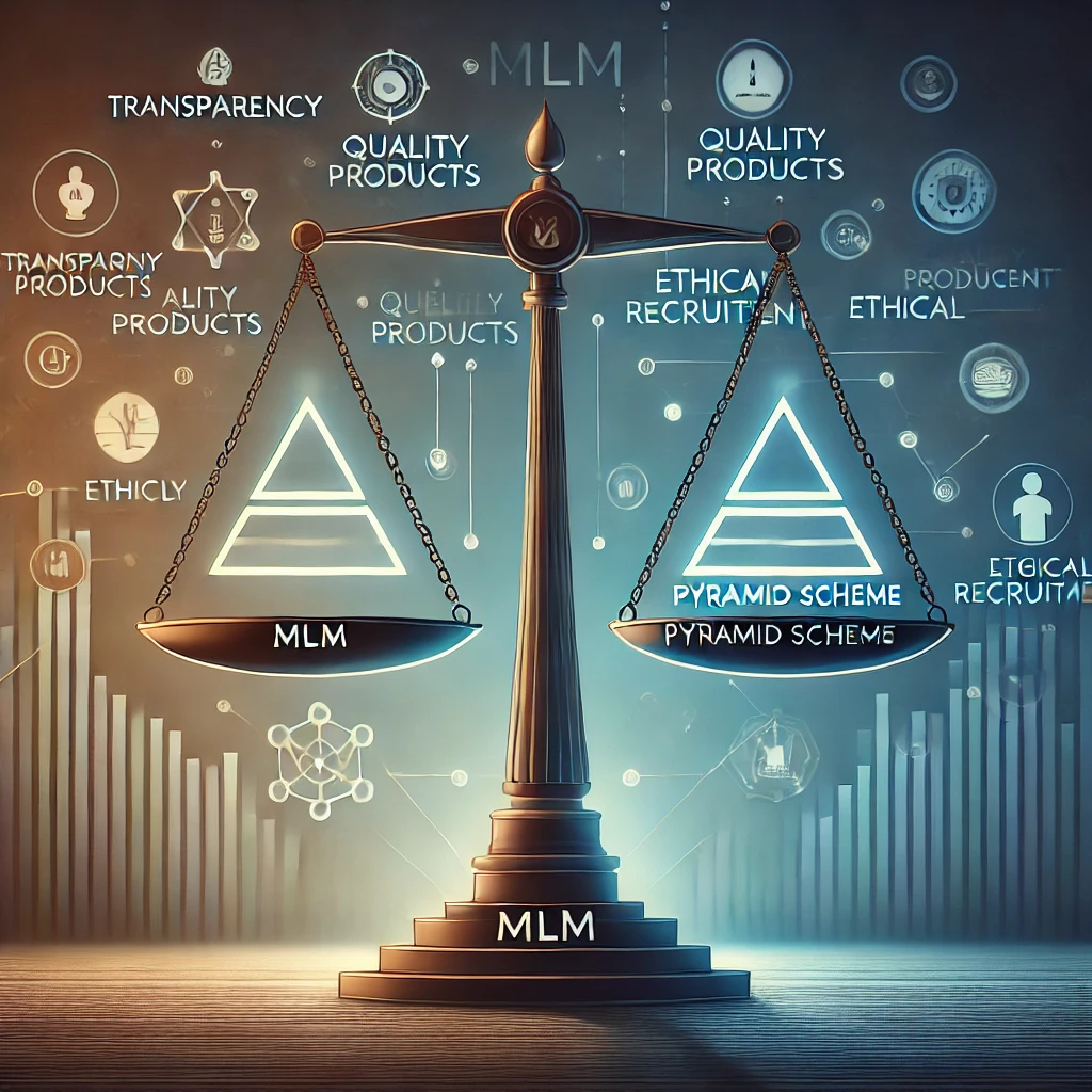 distinction between multi-level marketing (MLM) and pyramid schemes. The image features a balanced distinction between multi-level marketing (MLM) and pyramid schemes. The image features a balanced